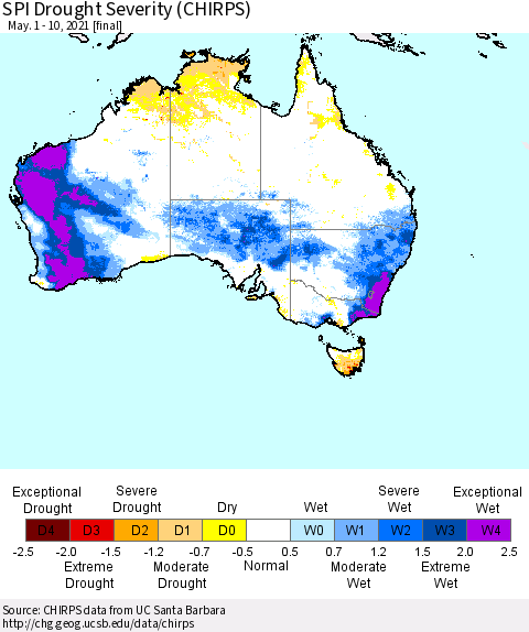 Australia SPI Drought Severity (CHIRPS) Thematic Map For 5/1/2021 - 5/10/2021