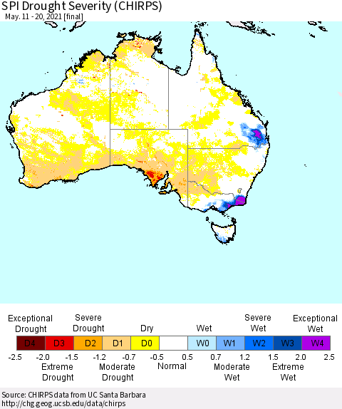 Australia SPI Drought Severity (CHIRPS) Thematic Map For 5/11/2021 - 5/20/2021