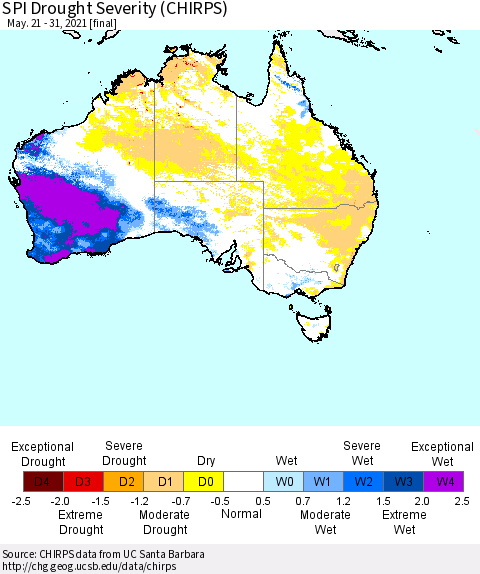 Australia SPI Drought Severity (CHIRPS) Thematic Map For 5/21/2021 - 5/31/2021