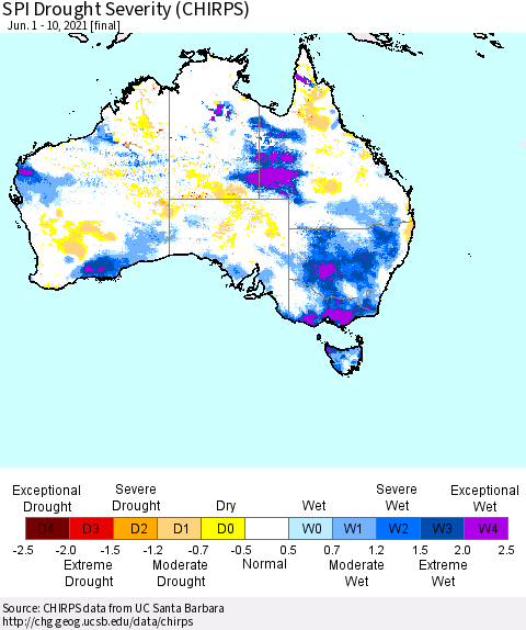 Australia SPI Drought Severity (CHIRPS) Thematic Map For 6/1/2021 - 6/10/2021