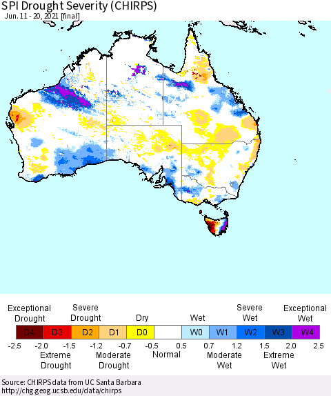 Australia SPI Drought Severity (CHIRPS) Thematic Map For 6/11/2021 - 6/20/2021