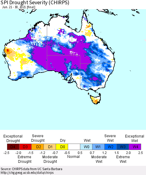 Australia SPI Drought Severity (CHIRPS) Thematic Map For 6/21/2021 - 6/30/2021