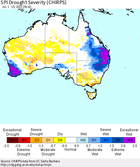 Australia SPI Drought Severity (CHIRPS) Thematic Map For 7/1/2021 - 7/10/2021
