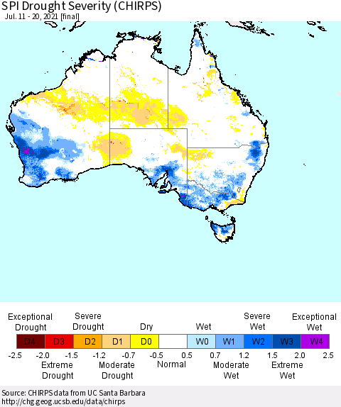 Australia SPI Drought Severity (CHIRPS) Thematic Map For 7/11/2021 - 7/20/2021