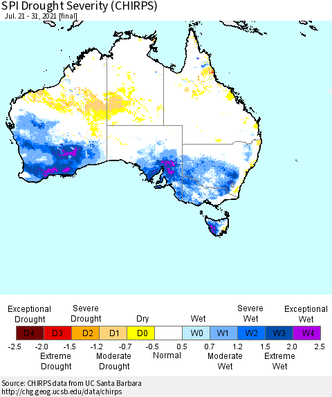 Australia SPI Drought Severity (CHIRPS) Thematic Map For 7/21/2021 - 7/31/2021