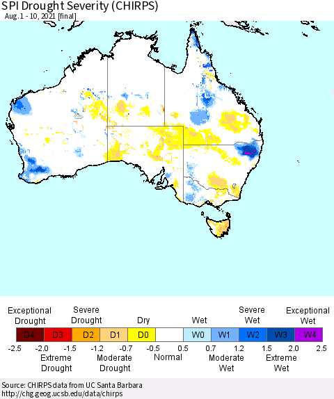 Australia SPI Drought Severity (CHIRPS) Thematic Map For 8/1/2021 - 8/10/2021
