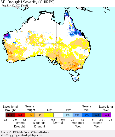Australia SPI Drought Severity (CHIRPS) Thematic Map For 8/11/2021 - 8/20/2021