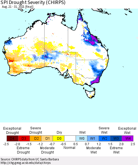 Australia SPI Drought Severity (CHIRPS) Thematic Map For 8/21/2021 - 8/31/2021