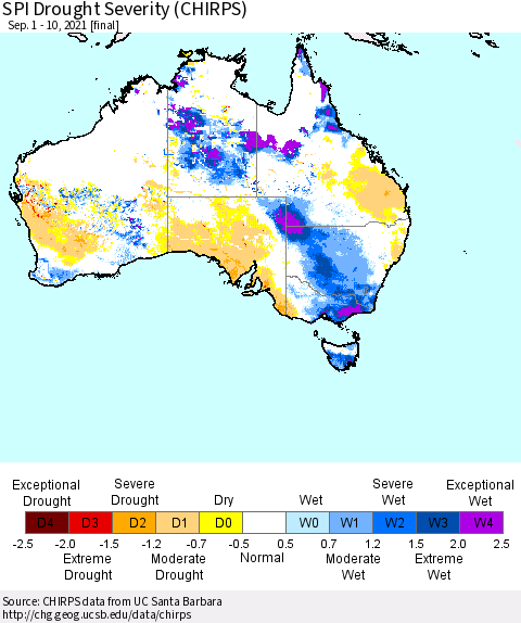 Australia SPI Drought Severity (CHIRPS) Thematic Map For 9/1/2021 - 9/10/2021