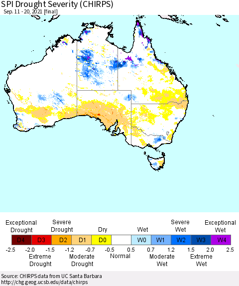 Australia SPI Drought Severity (CHIRPS) Thematic Map For 9/11/2021 - 9/20/2021
