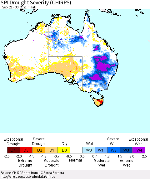 Australia SPI Drought Severity (CHIRPS) Thematic Map For 9/21/2021 - 9/30/2021