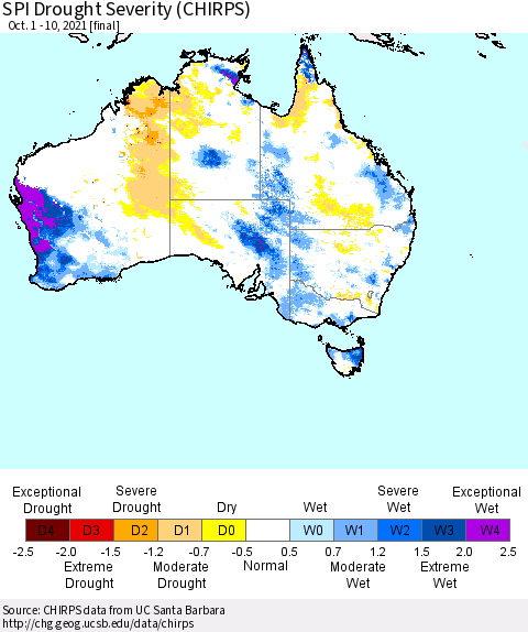Australia SPI Drought Severity (CHIRPS) Thematic Map For 10/1/2021 - 10/10/2021