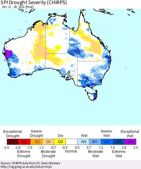 Australia SPI Drought Severity (CHIRPS) Thematic Map For 10/11/2021 - 10/20/2021