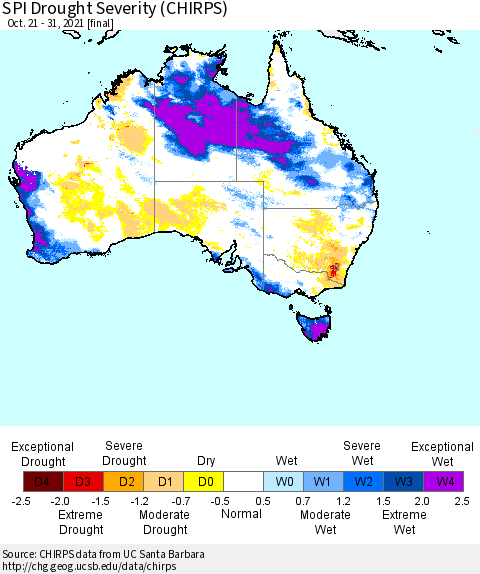 Australia SPI Drought Severity (CHIRPS) Thematic Map For 10/21/2021 - 10/31/2021