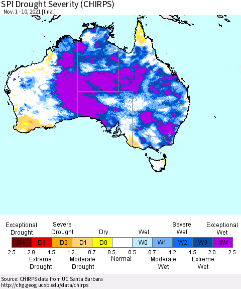 Australia SPI Drought Severity (CHIRPS) Thematic Map For 11/1/2021 - 11/10/2021