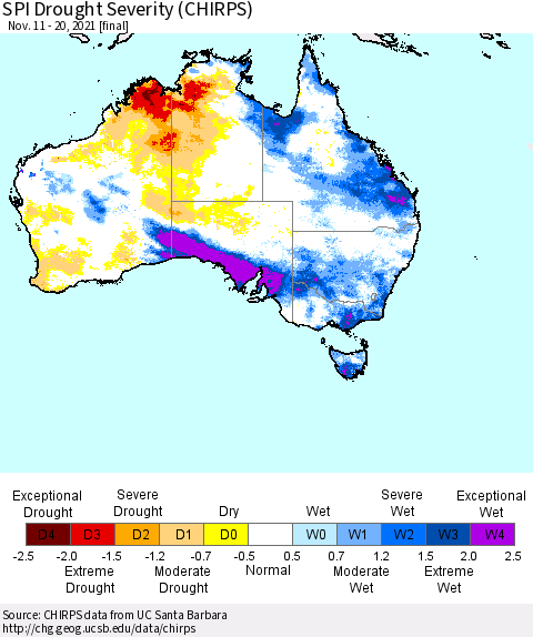 Australia SPI Drought Severity (CHIRPS) Thematic Map For 11/11/2021 - 11/20/2021