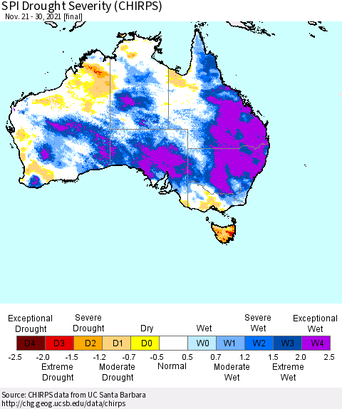 Australia SPI Drought Severity (CHIRPS) Thematic Map For 11/21/2021 - 11/30/2021