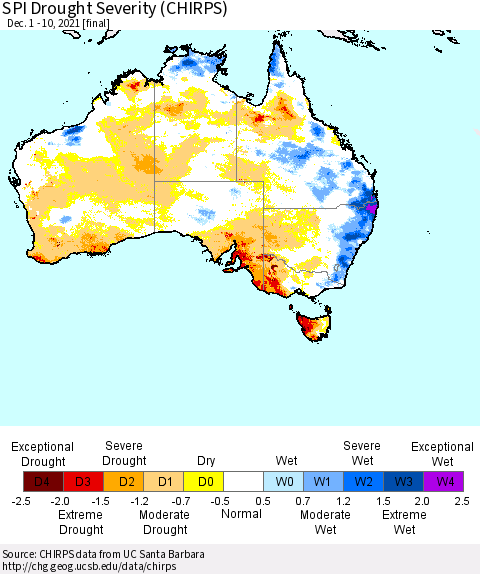 Australia SPI Drought Severity (CHIRPS) Thematic Map For 12/1/2021 - 12/10/2021