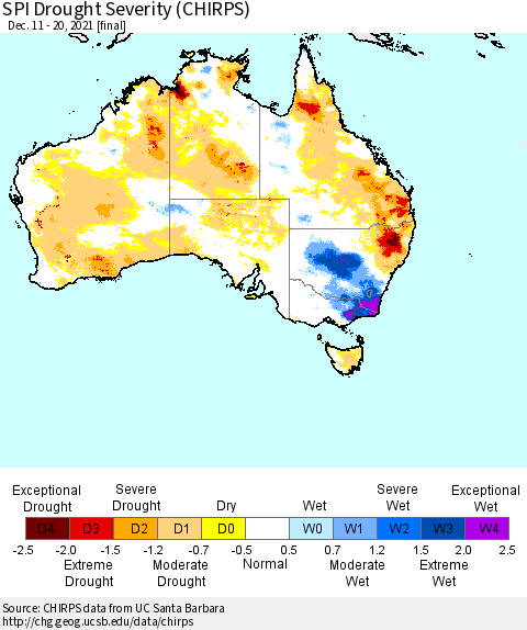 Australia SPI Drought Severity (CHIRPS) Thematic Map For 12/11/2021 - 12/20/2021