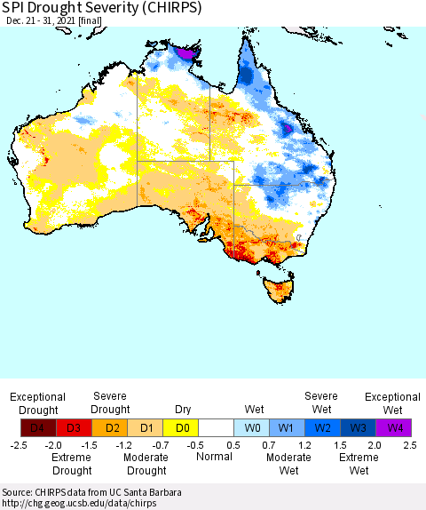 Australia SPI Drought Severity (CHIRPS) Thematic Map For 12/21/2021 - 12/31/2021