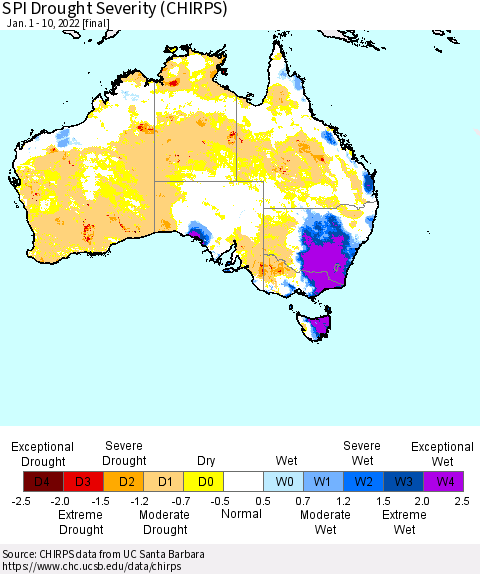 Australia SPI Drought Severity (CHIRPS) Thematic Map For 1/1/2022 - 1/10/2022