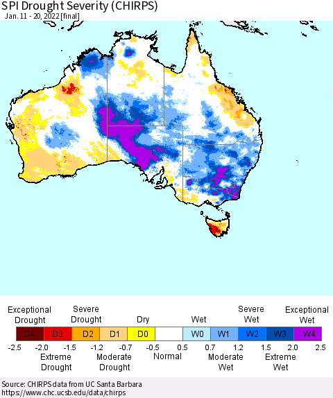 Australia SPI Drought Severity (CHIRPS) Thematic Map For 1/11/2022 - 1/20/2022