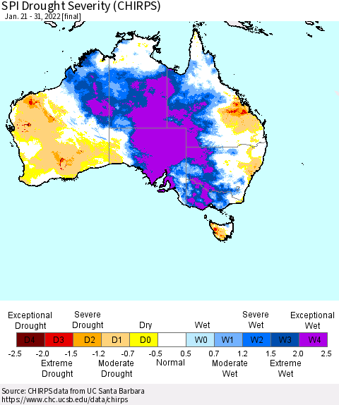 Australia SPI Drought Severity (CHIRPS) Thematic Map For 1/21/2022 - 1/31/2022