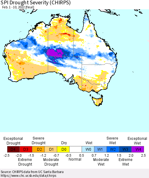 Australia SPI Drought Severity (CHIRPS) Thematic Map For 2/1/2022 - 2/10/2022