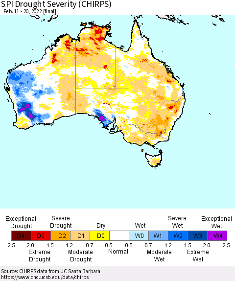 Australia SPI Drought Severity (CHIRPS) Thematic Map For 2/11/2022 - 2/20/2022