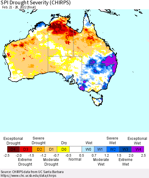 Australia SPI Drought Severity (CHIRPS) Thematic Map For 2/21/2022 - 2/28/2022