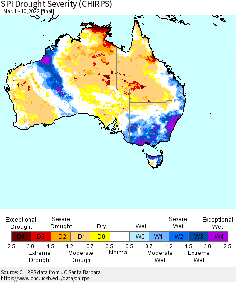 Australia SPI Drought Severity (CHIRPS) Thematic Map For 3/1/2022 - 3/10/2022