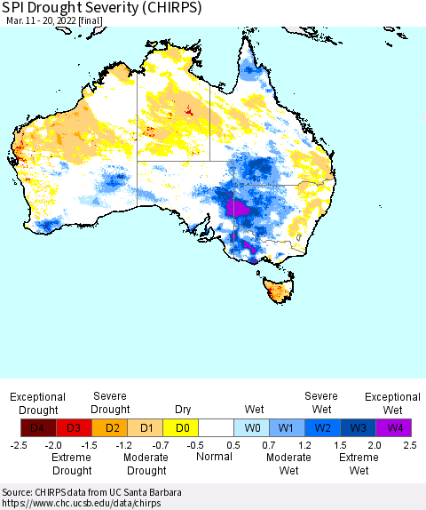 Australia SPI Drought Severity (CHIRPS) Thematic Map For 3/11/2022 - 3/20/2022