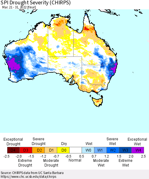 Australia SPI Drought Severity (CHIRPS) Thematic Map For 3/21/2022 - 3/31/2022
