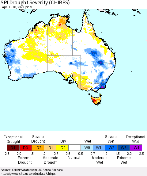 Australia SPI Drought Severity (CHIRPS) Thematic Map For 4/1/2022 - 4/10/2022