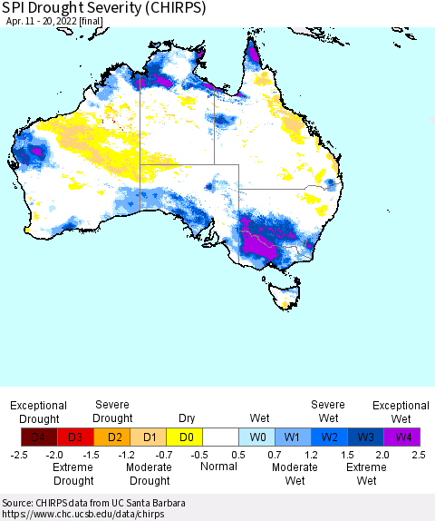 Australia SPI Drought Severity (CHIRPS) Thematic Map For 4/11/2022 - 4/20/2022