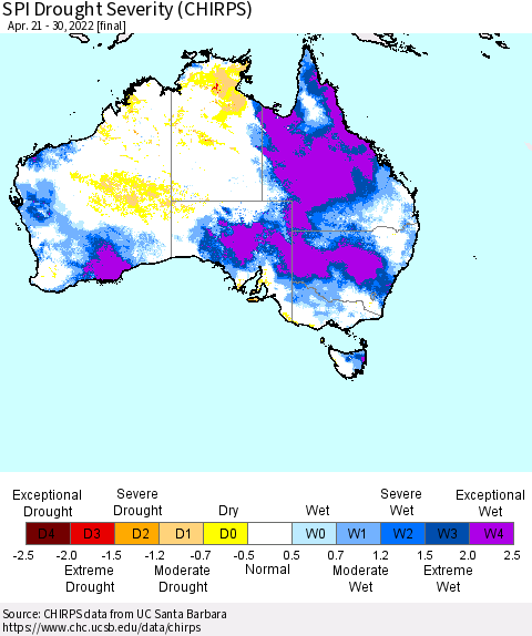 Australia SPI Drought Severity (CHIRPS) Thematic Map For 4/21/2022 - 4/30/2022