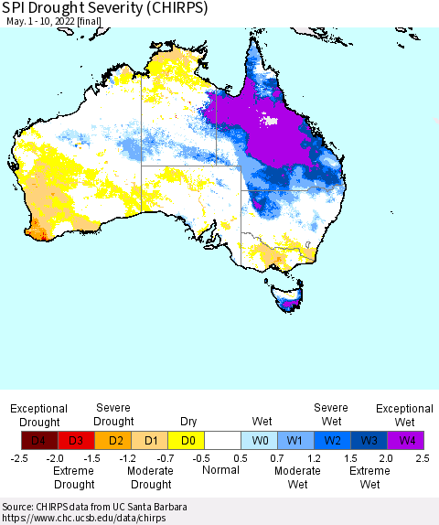 Australia SPI Drought Severity (CHIRPS) Thematic Map For 5/1/2022 - 5/10/2022