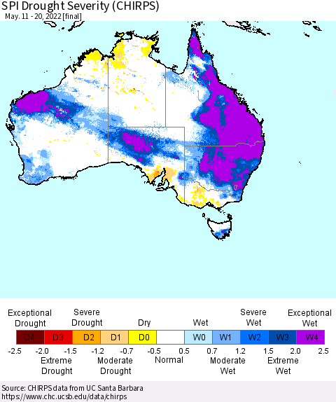 Australia SPI Drought Severity (CHIRPS) Thematic Map For 5/11/2022 - 5/20/2022