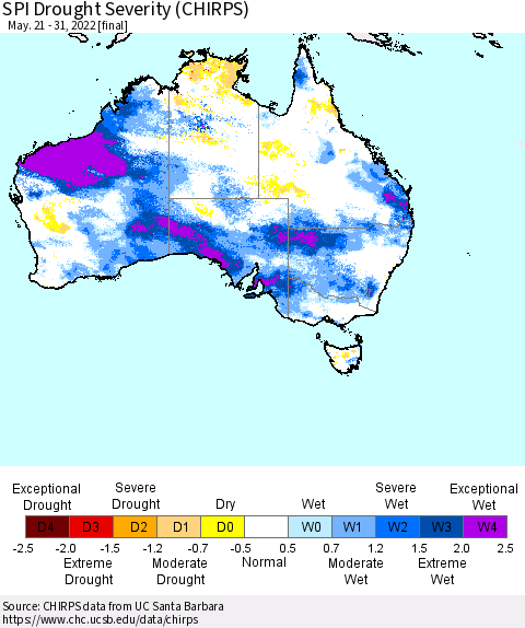 Australia SPI Drought Severity (CHIRPS) Thematic Map For 5/21/2022 - 5/31/2022