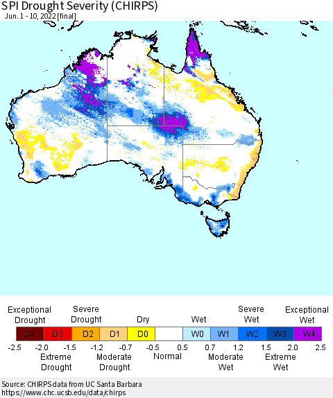 Australia SPI Drought Severity (CHIRPS) Thematic Map For 6/1/2022 - 6/10/2022
