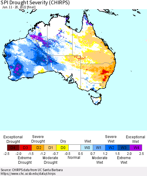Australia SPI Drought Severity (CHIRPS) Thematic Map For 6/11/2022 - 6/20/2022