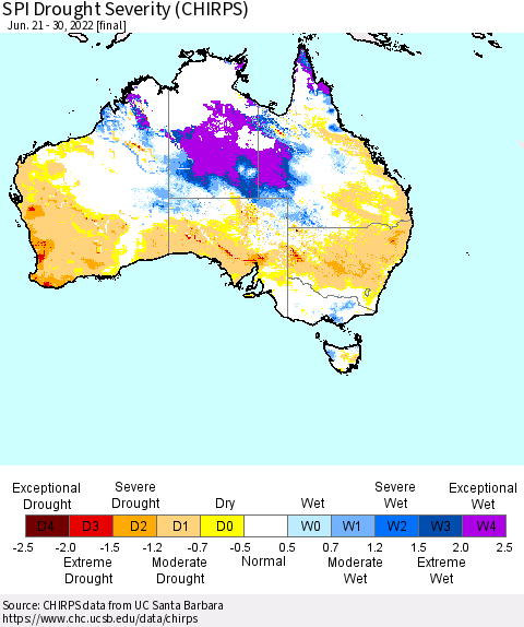 Australia SPI Drought Severity (CHIRPS) Thematic Map For 6/21/2022 - 6/30/2022