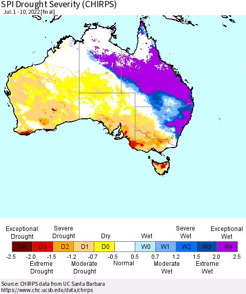 Australia SPI Drought Severity (CHIRPS) Thematic Map For 7/1/2022 - 7/10/2022