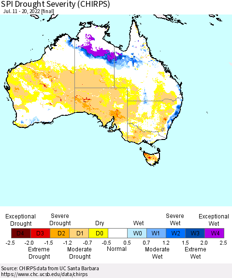 Australia SPI Drought Severity (CHIRPS) Thematic Map For 7/11/2022 - 7/20/2022