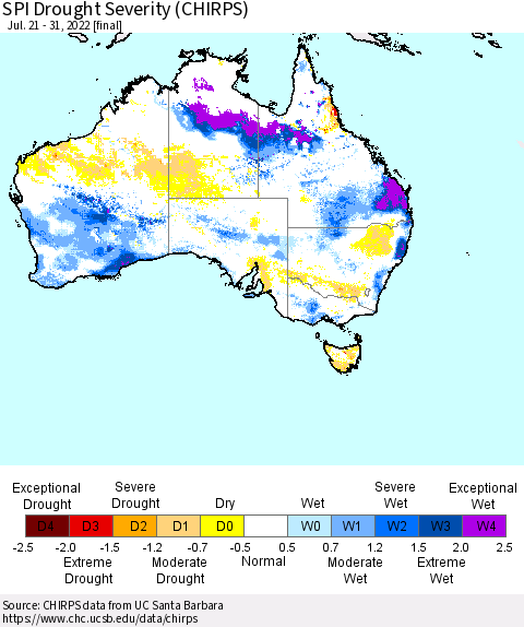 Australia SPI Drought Severity (CHIRPS) Thematic Map For 7/21/2022 - 7/31/2022