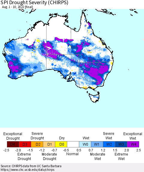 Australia SPI Drought Severity (CHIRPS) Thematic Map For 8/1/2022 - 8/10/2022