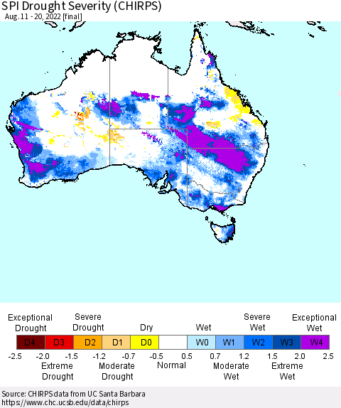 Australia SPI Drought Severity (CHIRPS) Thematic Map For 8/11/2022 - 8/20/2022
