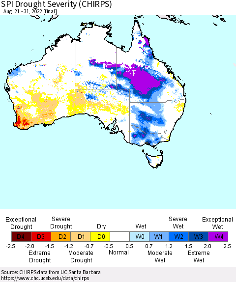 Australia SPI Drought Severity (CHIRPS) Thematic Map For 8/21/2022 - 8/31/2022