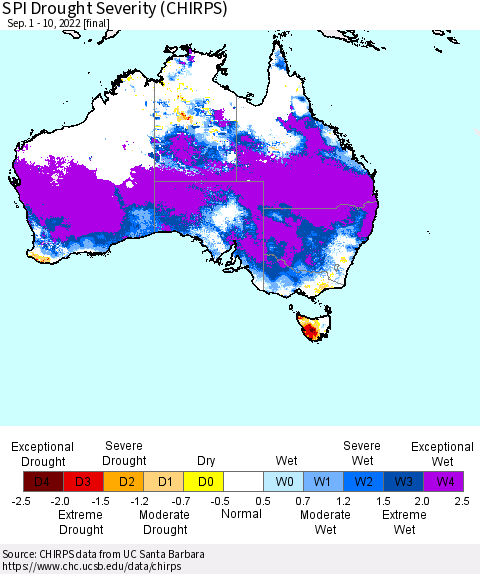 Australia SPI Drought Severity (CHIRPS) Thematic Map For 9/1/2022 - 9/10/2022