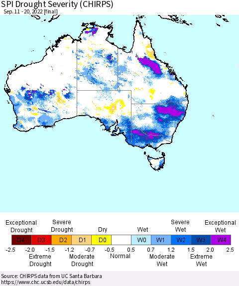 Australia SPI Drought Severity (CHIRPS) Thematic Map For 9/11/2022 - 9/20/2022